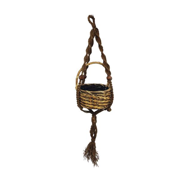 Vintage 60s 70s Rattan Flower Pot in a Macrame Plant Hanger - Picture 1 of 4